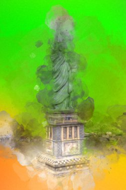 Manhattan, Mimarlık ve Turizm Konsepti 'nin aşağısında yer alan New York şehir manzaralı nehir kenarındaki Özgürlük Anıtı.