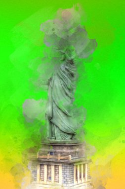 Manhattan, Mimarlık ve Turizm Konsepti 'nin aşağısında yer alan New York şehir manzaralı nehir kenarındaki Özgürlük Anıtı.