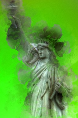 Manhattan, Mimarlık ve Turizm Konsepti 'nin aşağısında yer alan New York şehir manzaralı nehir kenarındaki Özgürlük Anıtı.