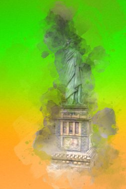 Manhattan, Mimarlık ve Turizm Konsepti 'nin aşağısında yer alan New York şehir manzaralı nehir kenarındaki Özgürlük Anıtı.