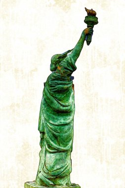 Manhattan, Mimarlık ve Turizm Konsepti 'nin aşağısında yer alan New York şehir manzaralı nehir kenarındaki Özgürlük Anıtı.