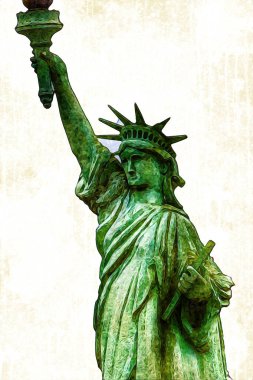 Manhattan, Mimarlık ve Turizm Konsepti 'nin aşağısında yer alan New York şehir manzaralı nehir kenarındaki Özgürlük Anıtı.