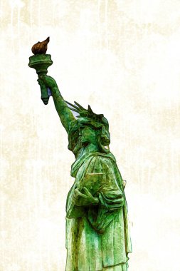 Manhattan, Mimarlık ve Turizm Konsepti 'nin aşağısında yer alan New York şehir manzaralı nehir kenarındaki Özgürlük Anıtı.