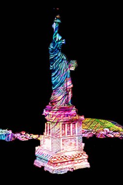 Manhattan, Mimarlık ve Turizm Konsepti 'nin aşağısında yer alan New York şehir manzaralı nehir kenarındaki Özgürlük Anıtı.