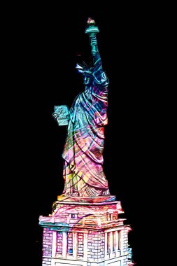 Manhattan, Mimarlık ve Turizm Konsepti 'nin aşağısında yer alan New York şehir manzaralı nehir kenarındaki Özgürlük Anıtı.