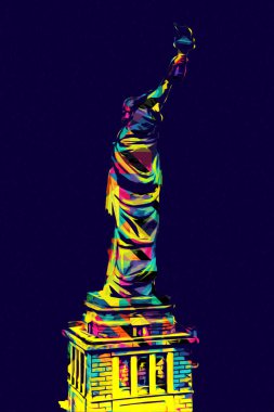 Manhattan, Mimarlık ve Turizm Konsepti 'nin aşağısında yer alan New York şehir manzaralı nehir kenarındaki Özgürlük Anıtı.