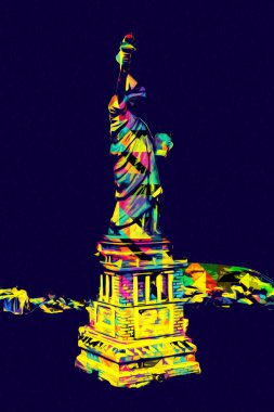 Manhattan, Mimarlık ve Turizm Konsepti 'nin aşağısında yer alan New York şehir manzaralı nehir kenarındaki Özgürlük Anıtı.