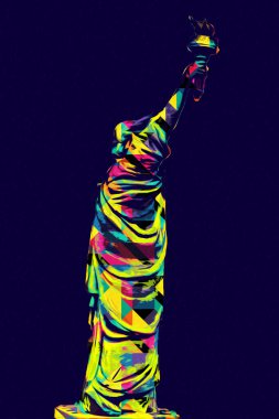 Manhattan, Mimarlık ve Turizm Konsepti 'nin aşağısında yer alan New York şehir manzaralı nehir kenarındaki Özgürlük Anıtı.