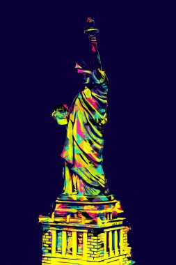 Manhattan, Mimarlık ve Turizm Konsepti 'nin aşağısında yer alan New York şehir manzaralı nehir kenarındaki Özgürlük Anıtı.