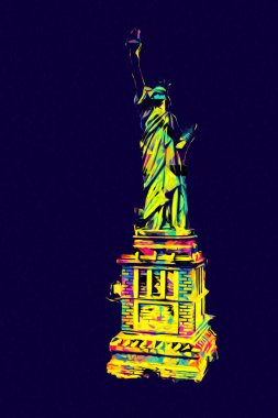 Manhattan, Mimarlık ve Turizm Konsepti 'nin aşağısında yer alan New York şehir manzaralı nehir kenarındaki Özgürlük Anıtı.