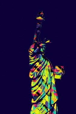 Manhattan, Mimarlık ve Turizm Konsepti 'nin aşağısında yer alan New York şehir manzaralı nehir kenarındaki Özgürlük Anıtı.