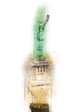 Manhattan, Mimarlık ve Turizm Konsepti 'nin aşağısında yer alan New York şehir manzaralı nehir kenarındaki Özgürlük Anıtı.