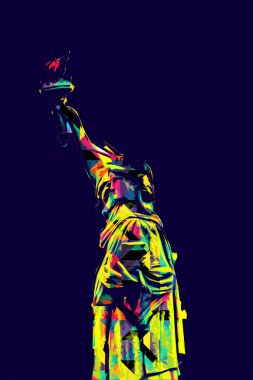 Manhattan, Mimarlık ve Turizm Konsepti 'nin aşağısında yer alan New York şehir manzaralı nehir kenarındaki Özgürlük Anıtı.