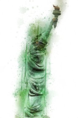 Manhattan, Mimarlık ve Turizm Konsepti 'nin aşağısında yer alan New York şehir manzaralı nehir kenarındaki Özgürlük Anıtı.