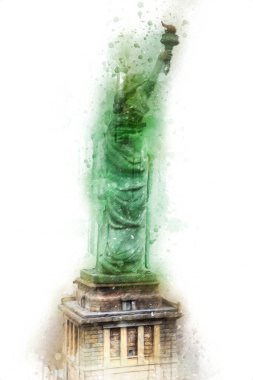 Manhattan, Mimarlık ve Turizm Konsepti 'nin aşağısında yer alan New York şehir manzaralı nehir kenarındaki Özgürlük Anıtı.