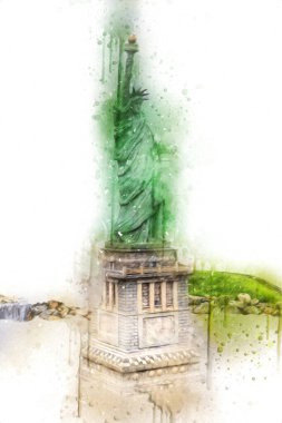 Manhattan, Mimarlık ve Turizm Konsepti 'nin aşağısında yer alan New York şehir manzaralı nehir kenarındaki Özgürlük Anıtı.