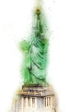 Manhattan, Mimarlık ve Turizm Konsepti 'nin aşağısında yer alan New York şehir manzaralı nehir kenarındaki Özgürlük Anıtı.