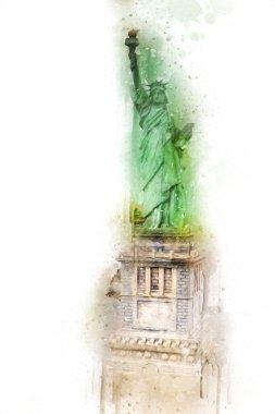 Manhattan, Mimarlık ve Turizm Konsepti 'nin aşağısında yer alan New York şehir manzaralı nehir kenarındaki Özgürlük Anıtı.