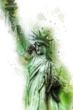 Manhattan, Mimarlık ve Turizm Konsepti 'nin aşağısında yer alan New York şehir manzaralı nehir kenarındaki Özgürlük Anıtı.