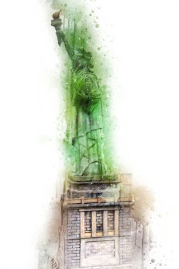 Manhattan, Mimarlık ve Turizm Konsepti 'nin aşağısında yer alan New York şehir manzaralı nehir kenarındaki Özgürlük Anıtı.