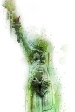 Manhattan, Mimarlık ve Turizm Konsepti 'nin aşağısında yer alan New York şehir manzaralı nehir kenarındaki Özgürlük Anıtı.