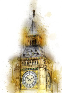 Londra 'nın büyük Ben sanat eseri çizimi, çizim, eğlenceli tasarım, antika retro