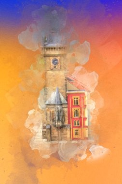 Prag 'daki eski şehir meydanı, Çek Cumhuriyeti, sanat illüstrasyonu antika eskiz