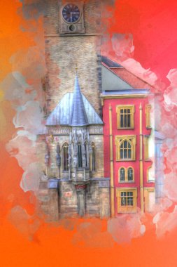 Prag 'daki eski şehir meydanı, Çek Cumhuriyeti, sanat illüstrasyonu antika eskiz