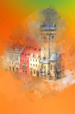 Prag 'daki eski şehir meydanı, Çek Cumhuriyeti, sanat illüstrasyonu antika eskiz