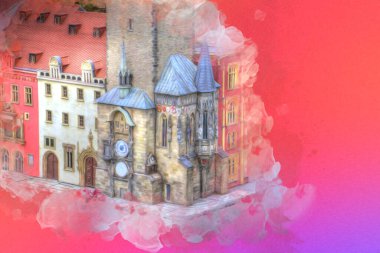 Prag 'daki eski şehir meydanı, Çek Cumhuriyeti, sanat illüstrasyonu antika eskiz