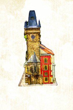 Prag 'daki eski şehir meydanı, Çek Cumhuriyeti, sanat illüstrasyonu antika eskiz