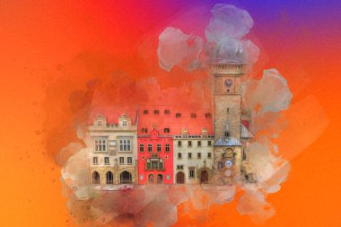 Prag 'daki eski şehir meydanı, Çek Cumhuriyeti, sanat illüstrasyonu antika eskiz