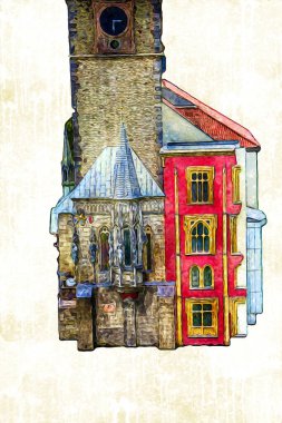 Prag 'daki eski şehir meydanı, Çek Cumhuriyeti, sanat illüstrasyonu antika eskiz