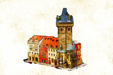 Prag 'daki eski şehir meydanı, Çek Cumhuriyeti, sanat illüstrasyonu antika eskiz