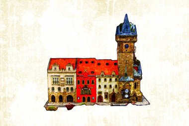 Prag 'daki eski şehir meydanı, Çek Cumhuriyeti, sanat illüstrasyonu antika eskiz