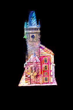 Prag 'daki eski şehir meydanı, Çek Cumhuriyeti, sanat illüstrasyonu antika eskiz