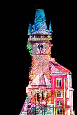 Prag 'daki eski şehir meydanı, Çek Cumhuriyeti, sanat illüstrasyonu antika eskiz