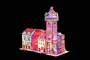 Prag 'daki eski şehir meydanı, Çek Cumhuriyeti, sanat illüstrasyonu antika eskiz