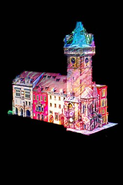 Prag 'daki eski şehir meydanı, Çek Cumhuriyeti, sanat illüstrasyonu antika eskiz