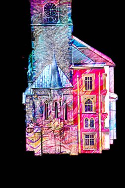 Prag 'daki eski şehir meydanı, Çek Cumhuriyeti, sanat illüstrasyonu antika eskiz