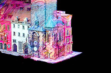 Prag 'daki eski şehir meydanı, Çek Cumhuriyeti, sanat illüstrasyonu antika eskiz