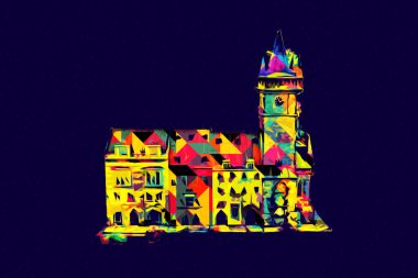 Prag 'daki eski şehir meydanı, Çek Cumhuriyeti, sanat illüstrasyonu antika eskiz