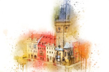 Prag 'daki eski şehir meydanı, Çek Cumhuriyeti, sanat illüstrasyonu antika eskiz