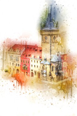 Prag 'daki eski şehir meydanı, Çek Cumhuriyeti, sanat illüstrasyonu antika eskiz