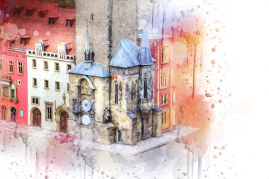 Prag 'daki eski şehir meydanı, Çek Cumhuriyeti, sanat illüstrasyonu antika eskiz