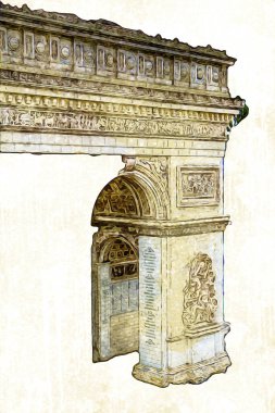 Arc de Triomphe du Carrousel, Atlıkarınca Meydanı 'nda bulunan bir zafer kemeridir. Paris 'in şehri. Paris 'in mimarisi ve simgeleri, sanat, çizim, retro, vintage, antika, skeç.