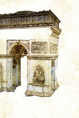 Arc de Triomphe du Carrousel, Atlıkarınca Meydanı 'nda bulunan bir zafer kemeridir. Paris 'in şehri. Paris 'in mimarisi ve simgeleri, sanat, çizim, retro, vintage, antika, skeç.