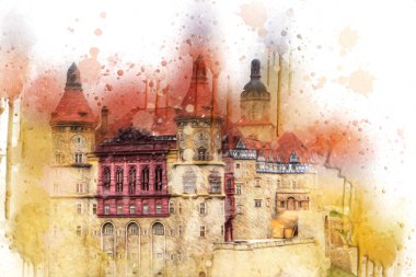 Ksiaz Castle Poland silesia art retro photography vintage old aerial. view