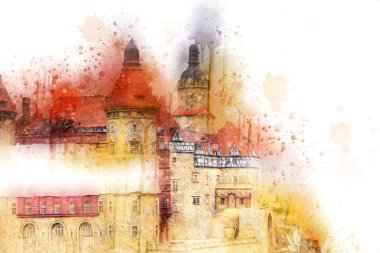 Ksiaz Castle Poland silesia art retro photography vintage old aerial. view