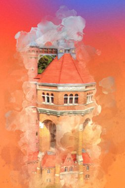 The water tower at Sudecka Street in Wroclaw, 63 meters high, designed by Karl Klimm. Built 1904-1905, situated in Borek, the district of Krzyki, Wroclaw, Poland.